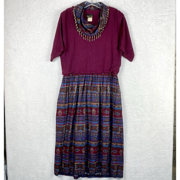 Stuart Allen 10 Artsy Dress Beaded 80s Purple Blue Retro Gypsy Boho Made In USA - Picture 1 of 10